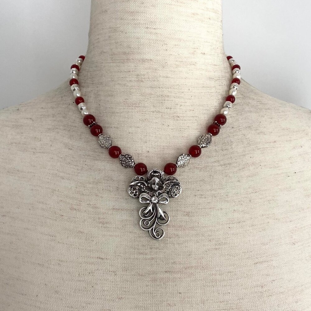 Sterling Silver 925 Freshwater Pearl & Carnelian Beaded Angel Pendant Necklace